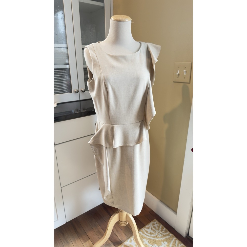 Calvin Klein Sheath Dress Cream Linen-look Ruffle Detail Classy‎ Professional 8